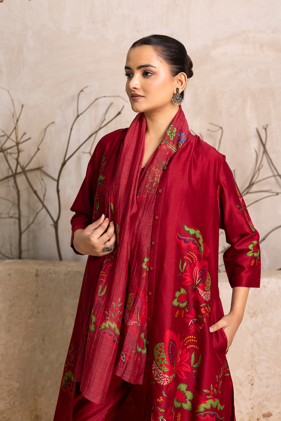 Red Silk Chanderi Printed Stole (1 PC)