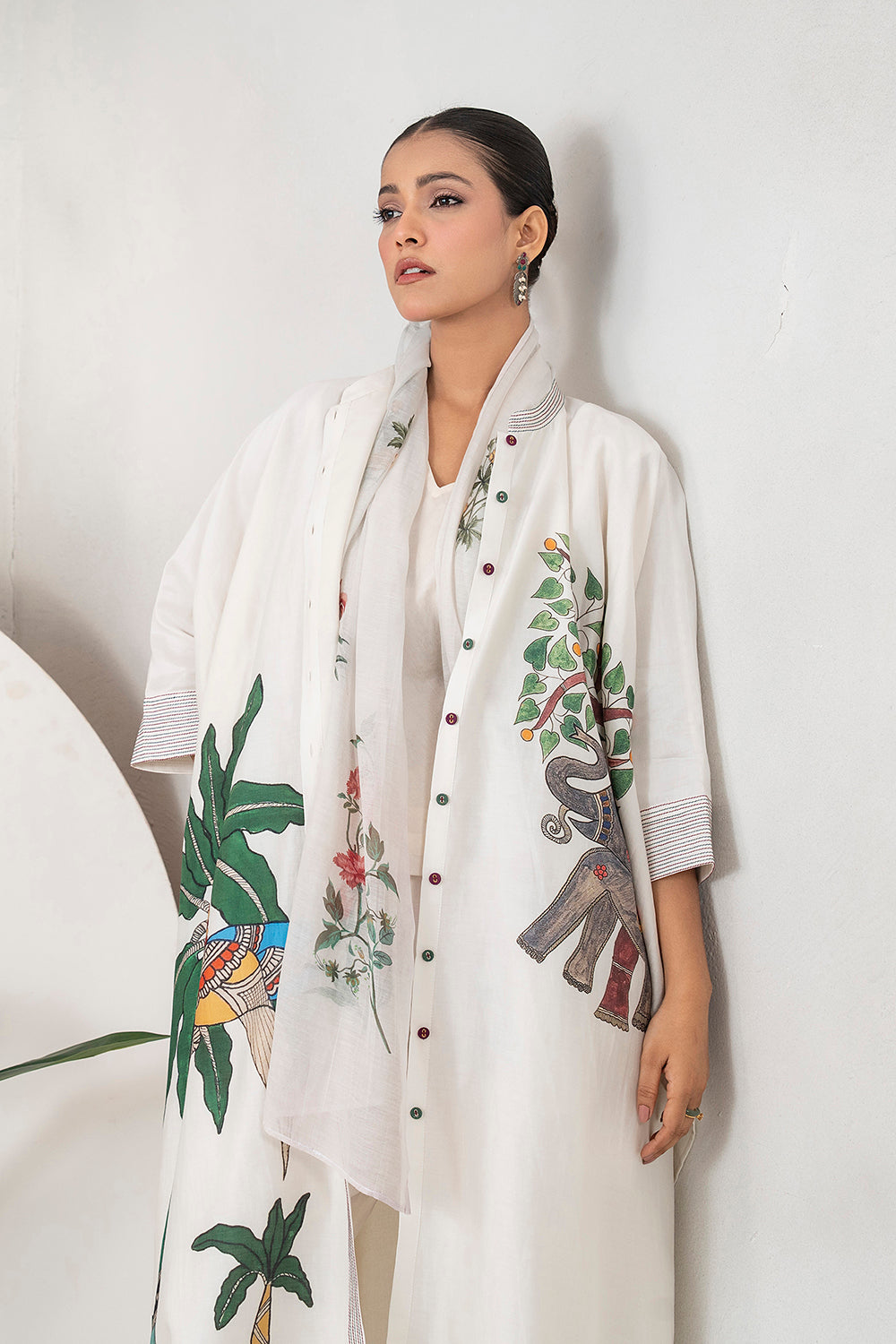 Ivory Silk Chanderi Elephant And Tropical Foliage Printed Kaftan Set (3 PCS)