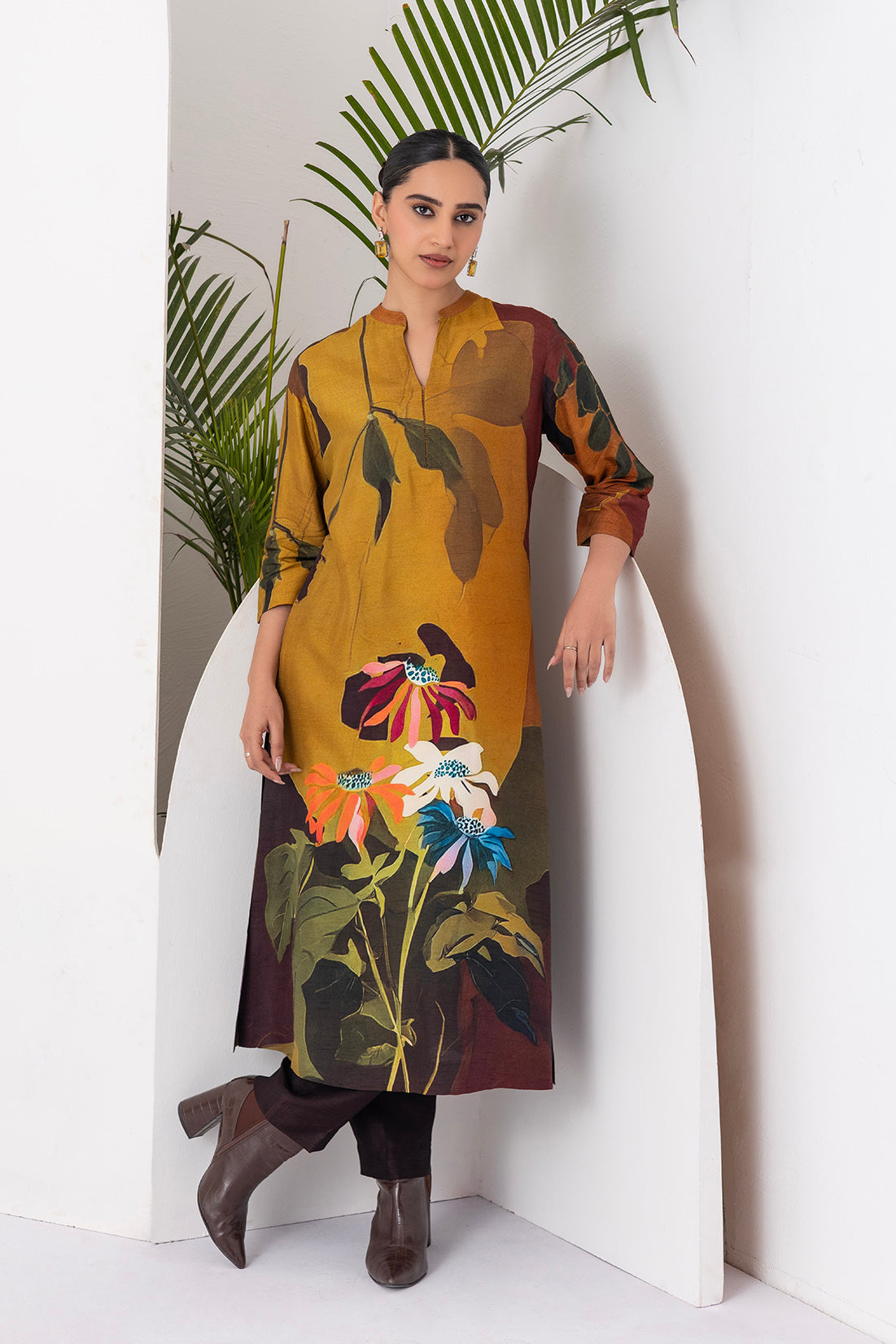 Mustard & Brown Viscose Dupion Printed Tunic  (1 PC)