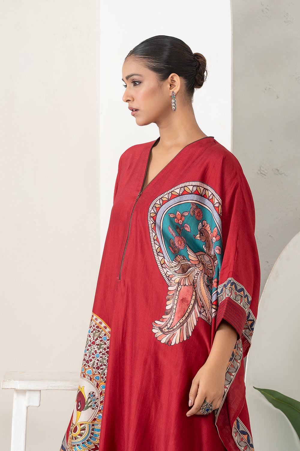 Maroon Silk Chanderi Bold Peacock Printed Zippered Kaftan Set (2 PCS)