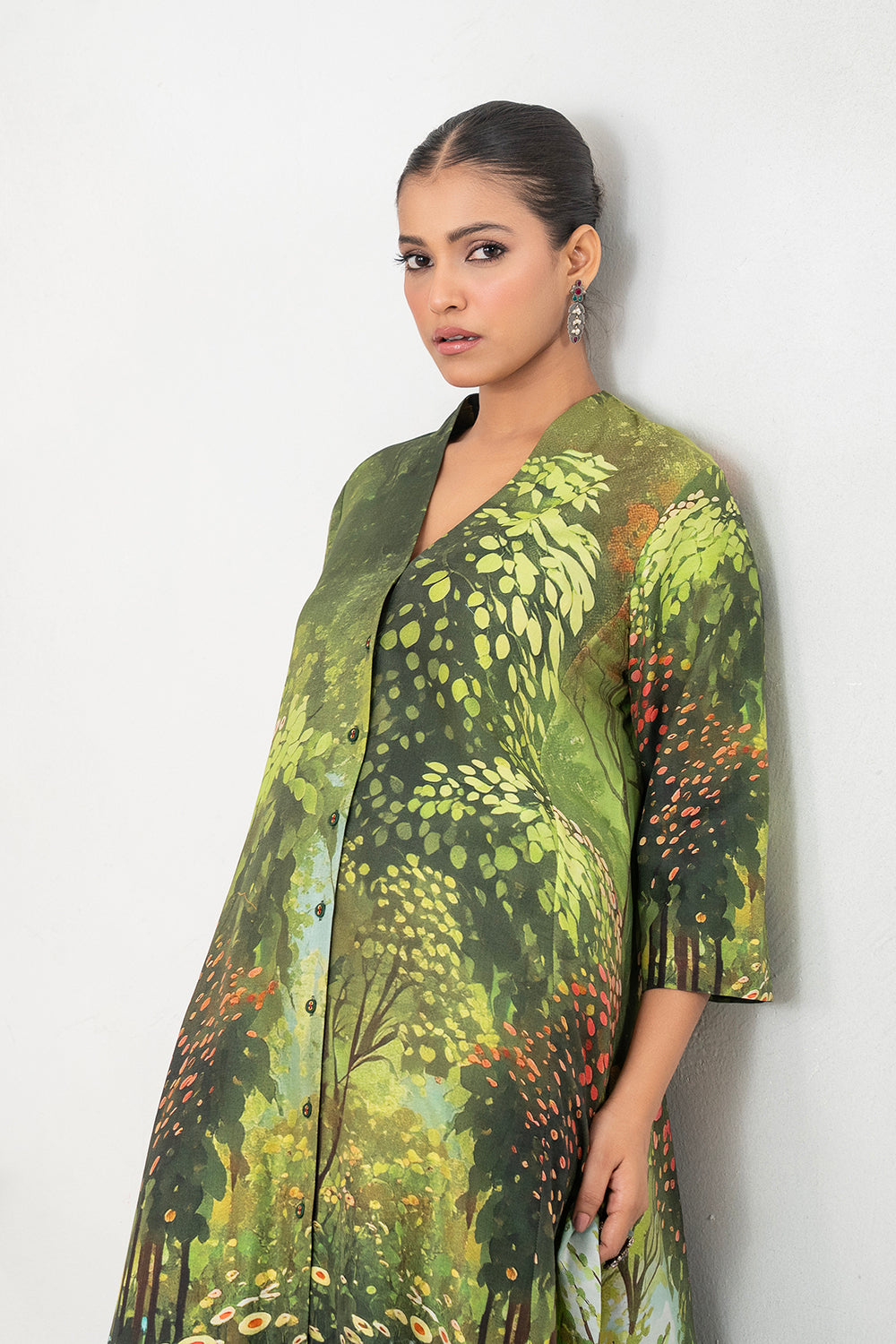 Shades Of Green Silk Chanderi Front Open Nature Inspired Printed Dress Set (2 PCS)