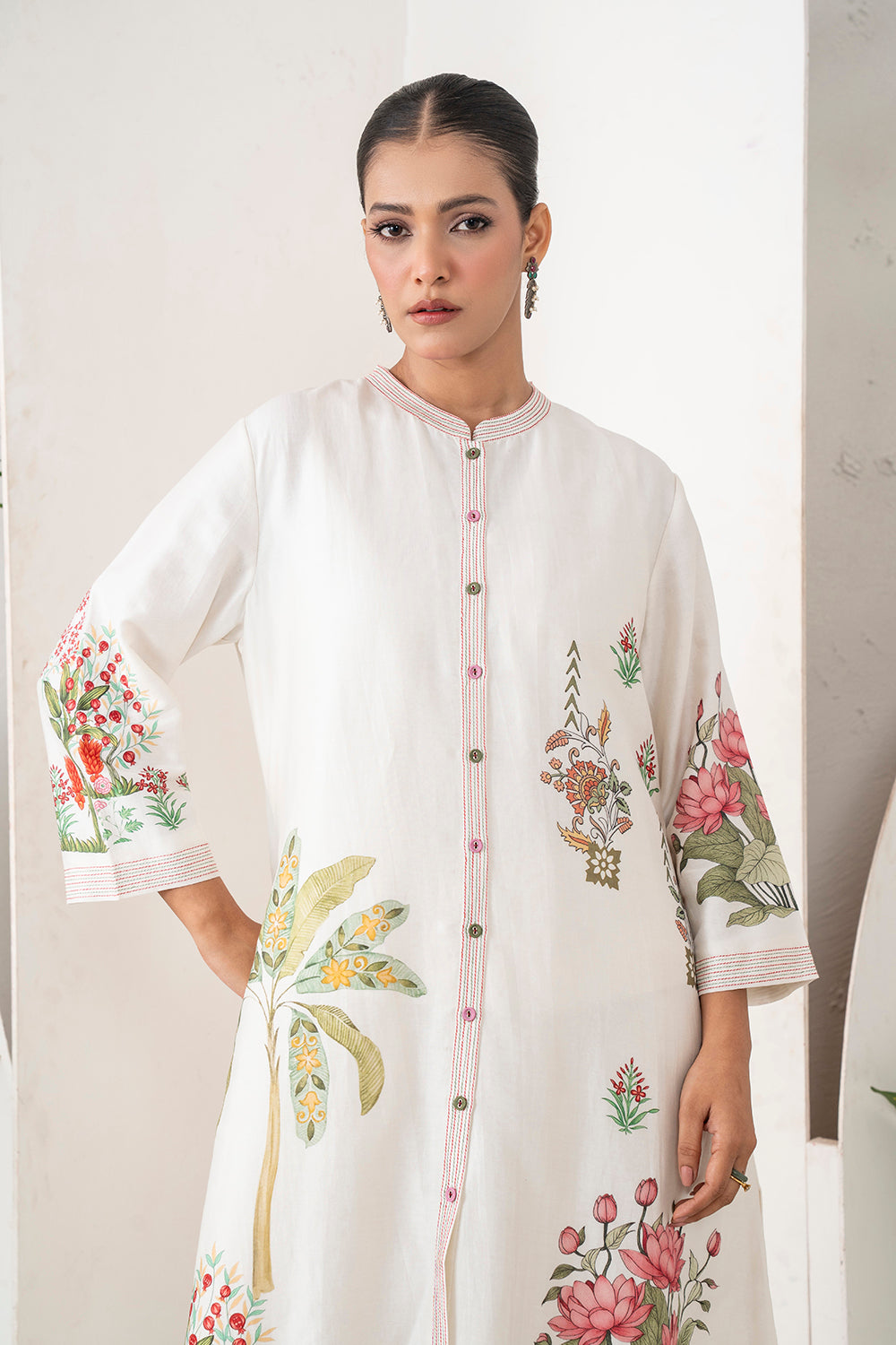 Ivory Silk Chanderi Miniature Art Printed High-Low Dress Set (3 PCS)