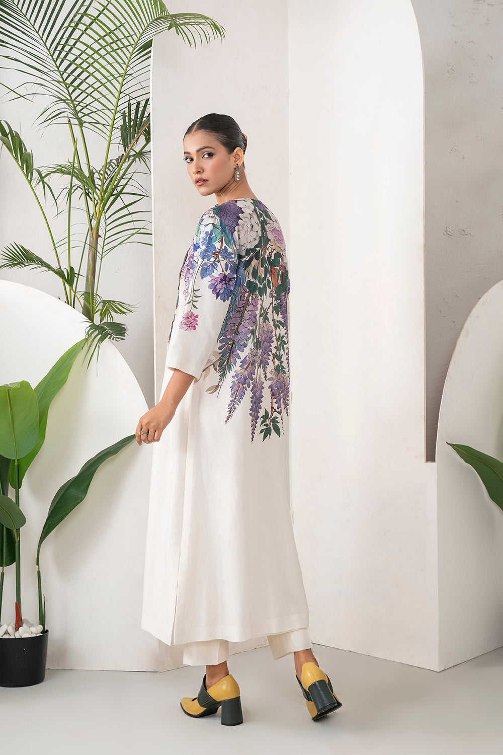 Ivory Silk Chanderi Side Panel Wisteria Printed Dress Set (2 PCS)