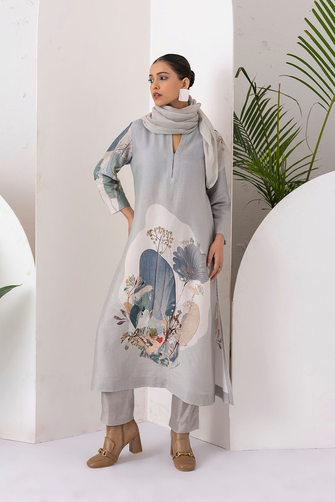 Grey Viscose Dupion Printed Tunic  (1 PC)