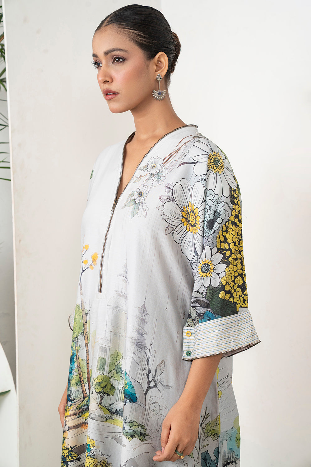 Grey Silk Chanderi Painterly Landscape Printed Zippered Dress Set (2 PCS)