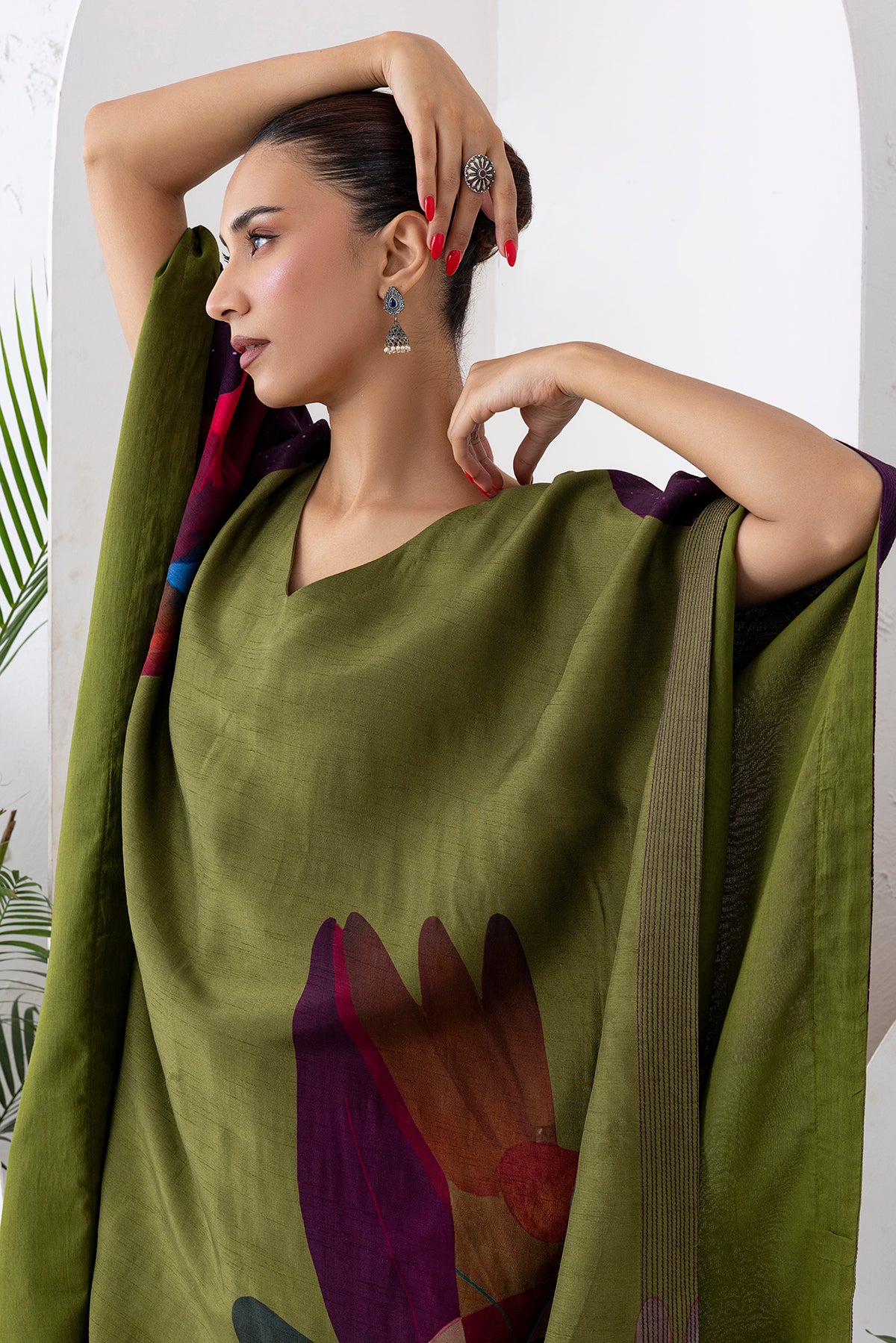 Leaf Green Viscose Dupion Printed Kaftan (1 PC)