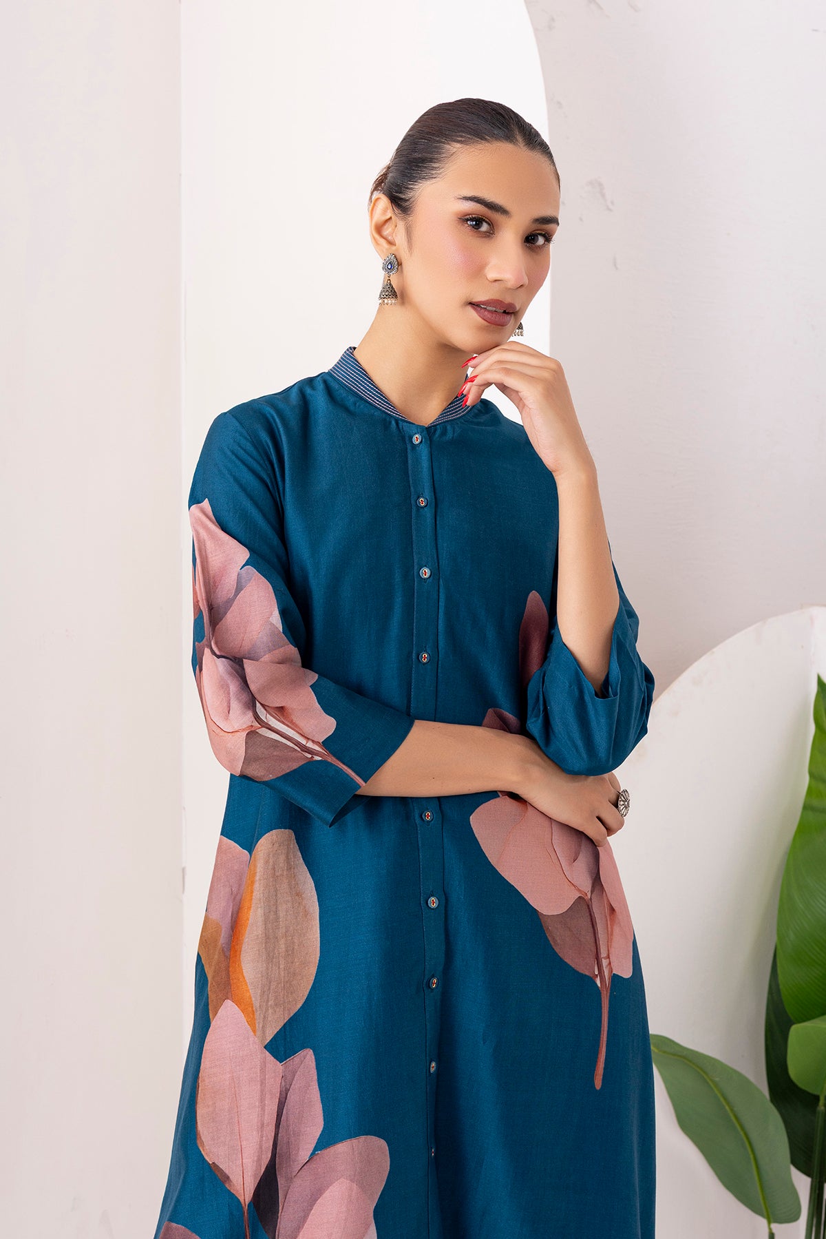 Indigo Silk Chanderi Leaf Printed Dress (1 PC)