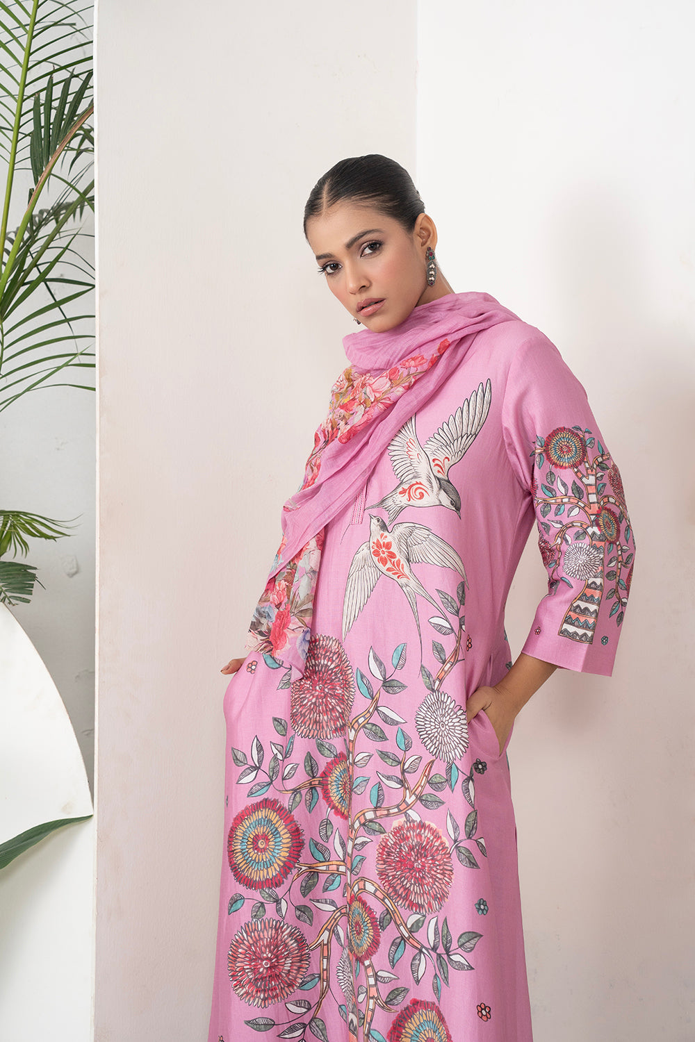 Salmon Pink Silk Chanderi Printed Intricate Bird And Floral Printed Tunic Set (2 PCS)