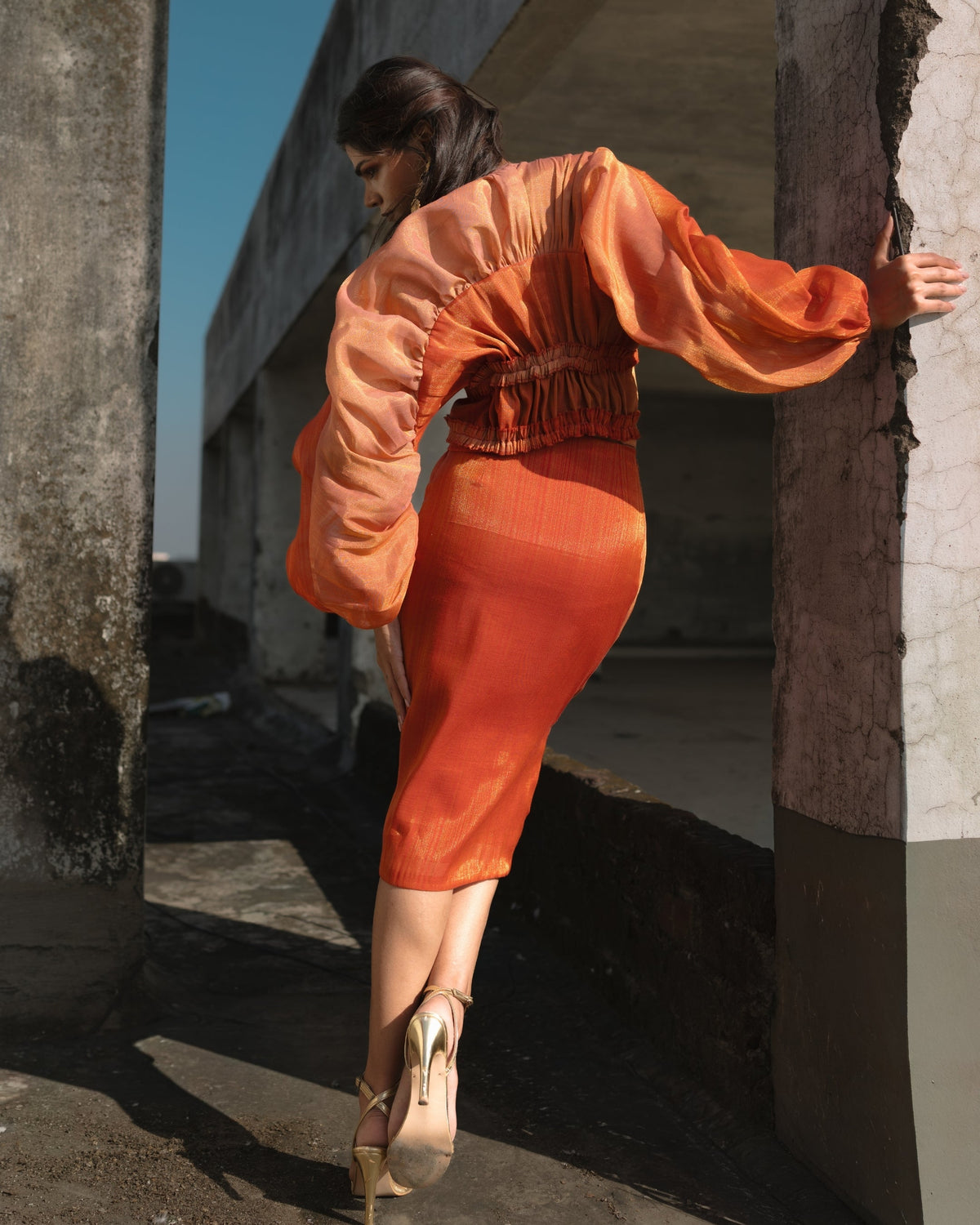 Draped Pencil Skirt - Burnt Orange
