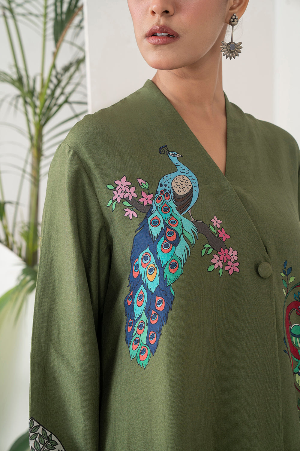 Leaf Green Silk Chanderi Front-Pleated Striking Peacock And Bird Printed Dress Set (2 PCS)