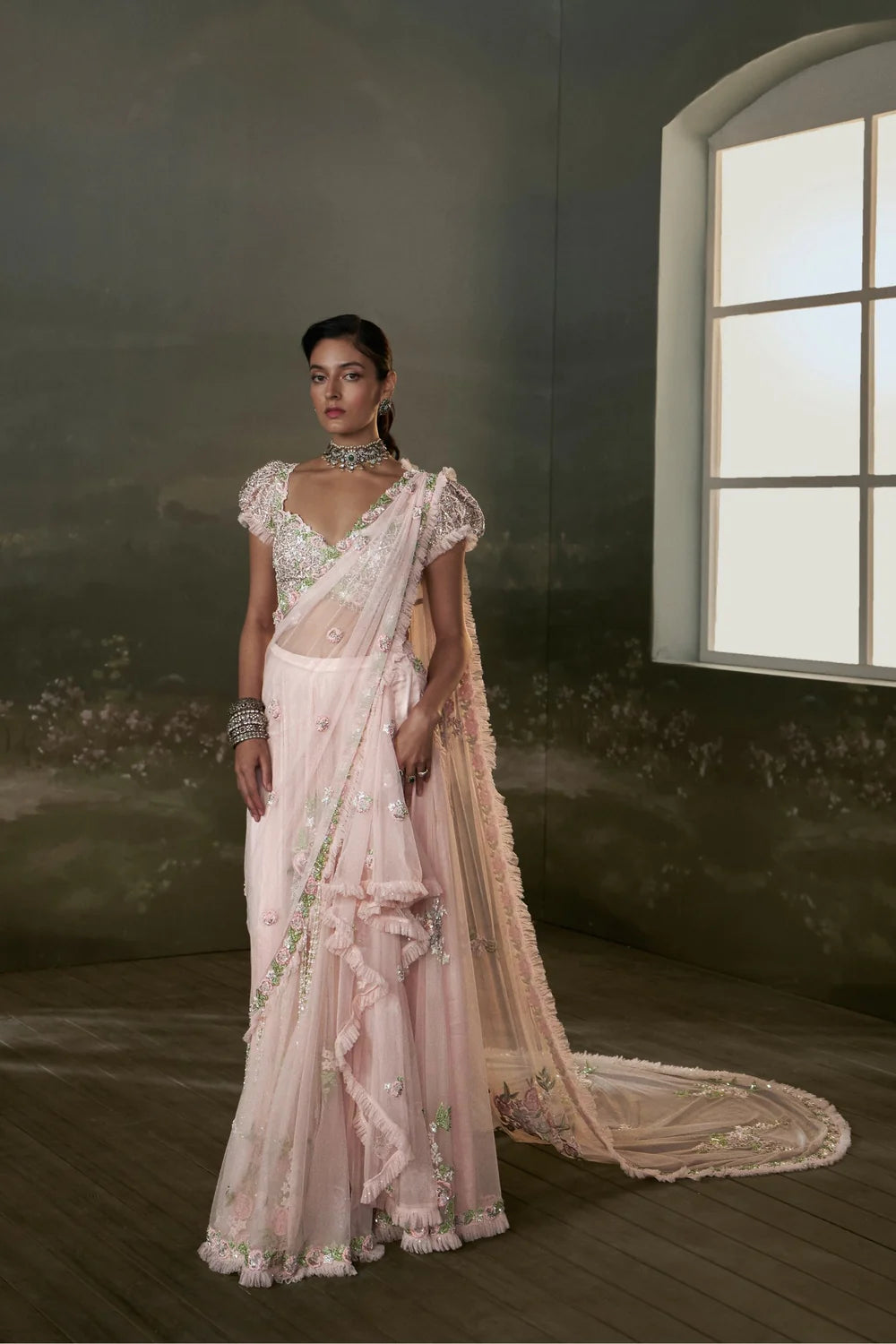 Rose Pink Pre-draped Saree With Trail