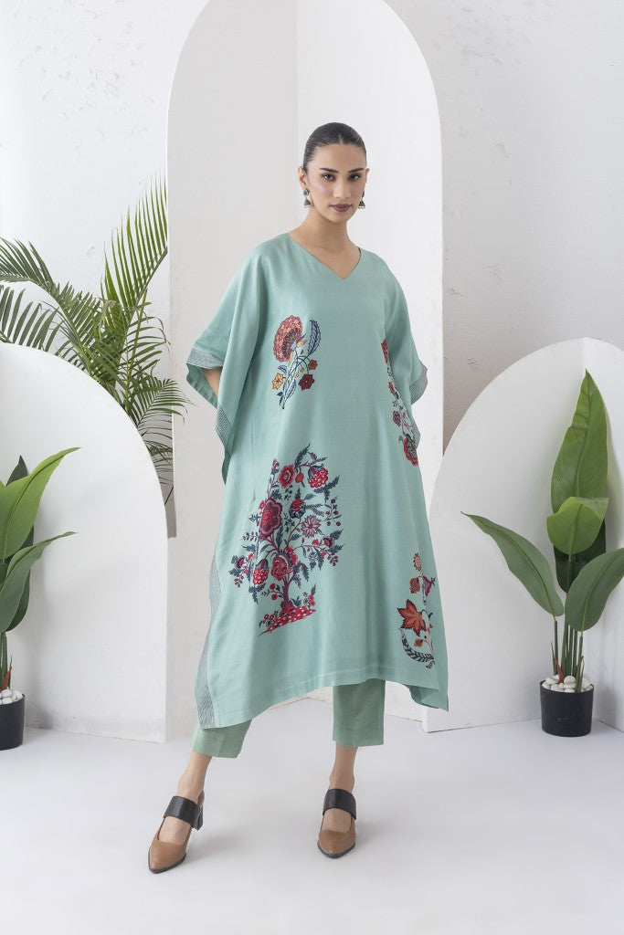 Mint Silk Chanderi Chintz Printed Kaftan (1 PC)