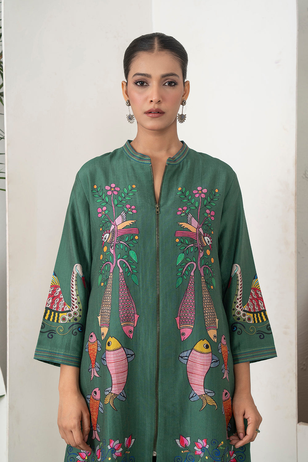 Emerald Silk Chanderi Peacocks And Fish Motifs Printed Dress Set (3 PCS)