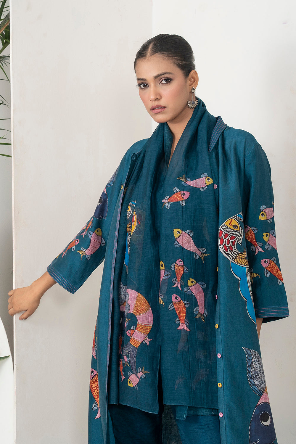Indigo Silk Chanderi Playful Aquatic Motif Printed Dress Set (3 PCS)