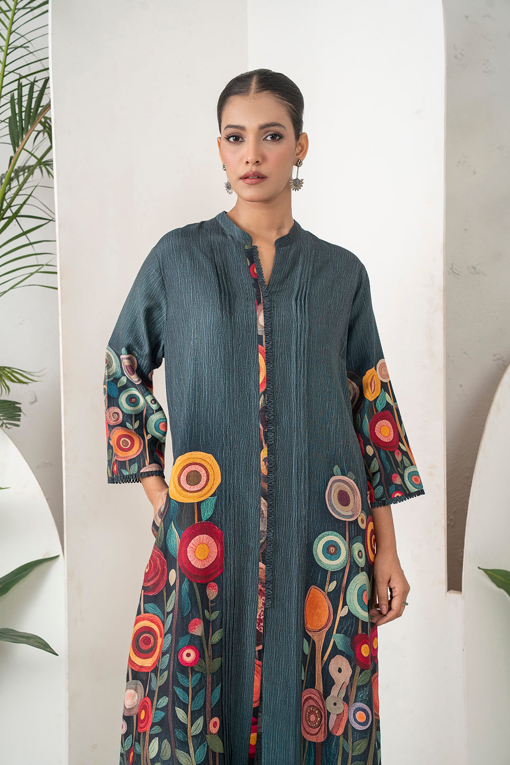 Charcoal Silk Chanderi Striking Floral Illustration Printed Dress Set (2 PCS)