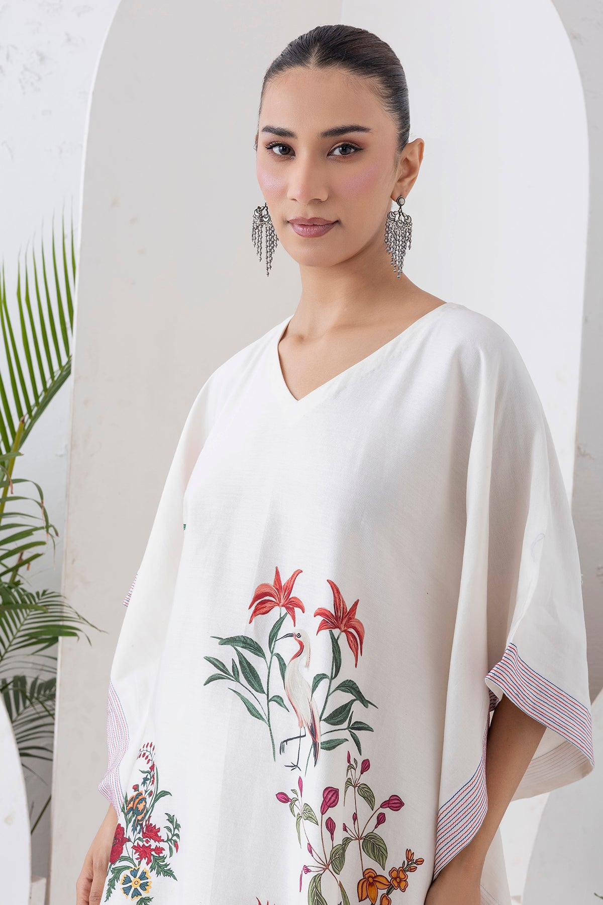 Ivory Silk Chanderi Floral Printed Kaftan (1 PC)