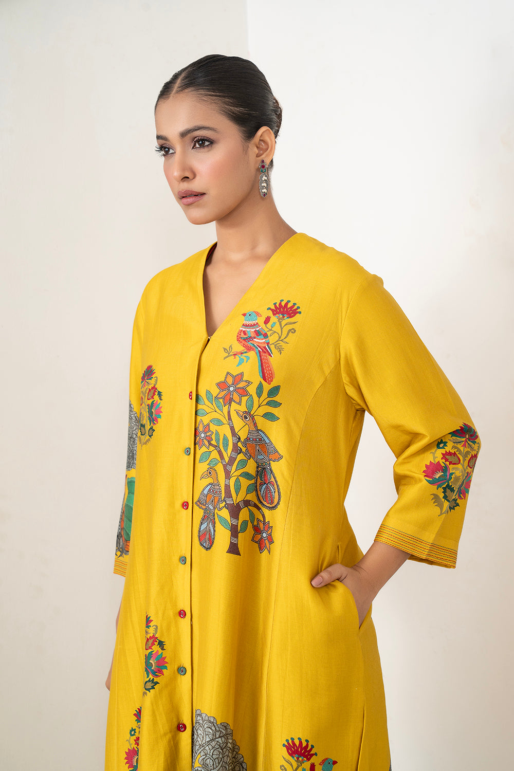Yellow Silk Chanderi Front Open Striking Bird And Floral Printed Dress Set (3 PCS)