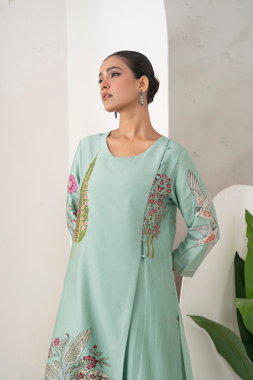 Mint Silk Chanderi Miniature Painting Inspired Printed Dress Set (2 PCS)