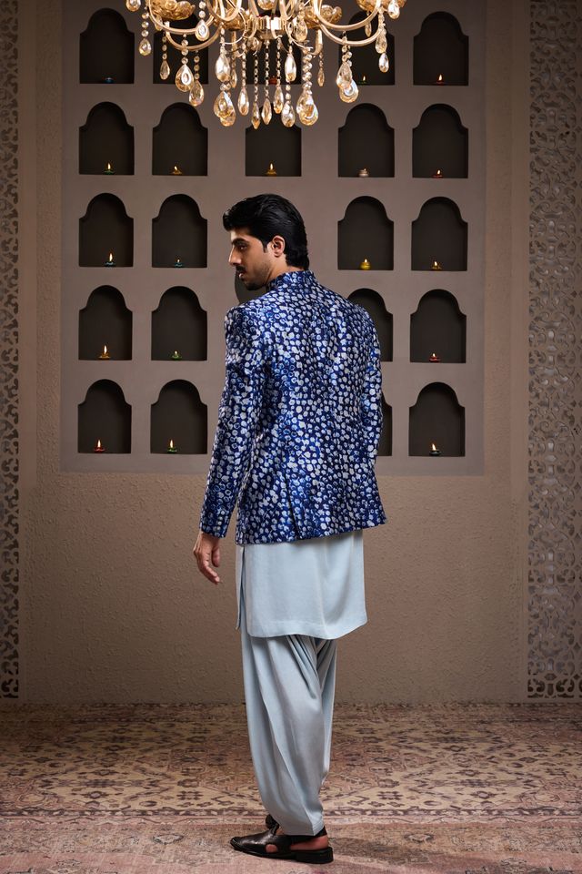Indigo Printed Short Jacket Kurta Patiyala Salwar