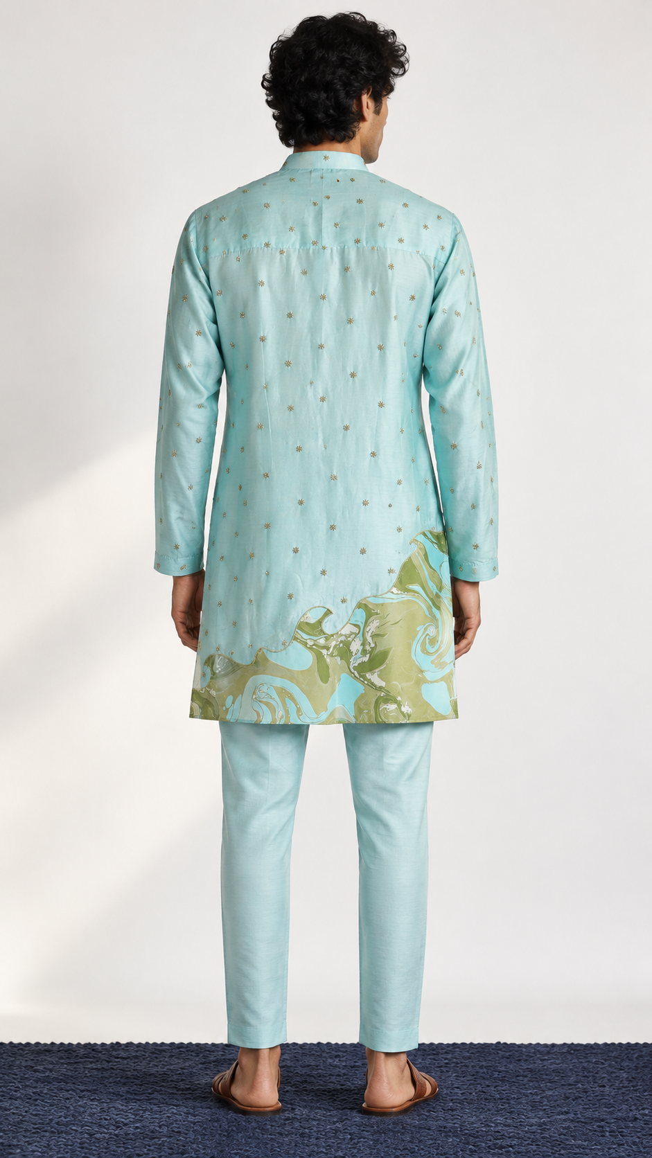 Aqua Blue Embroidered Marble Appliqué Kurta - Pant Set