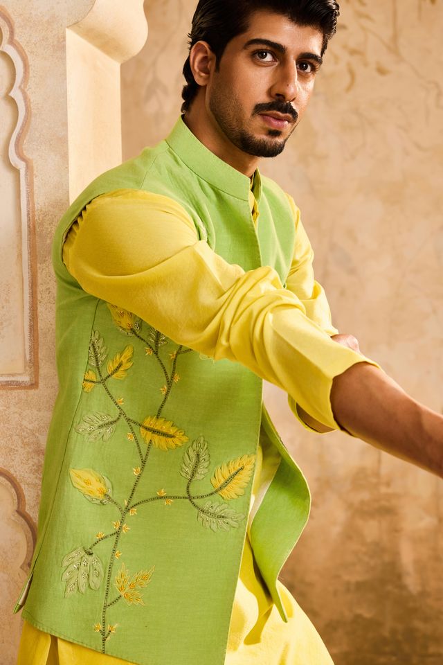 Green Yellow Bundi Floral Kurta Pant