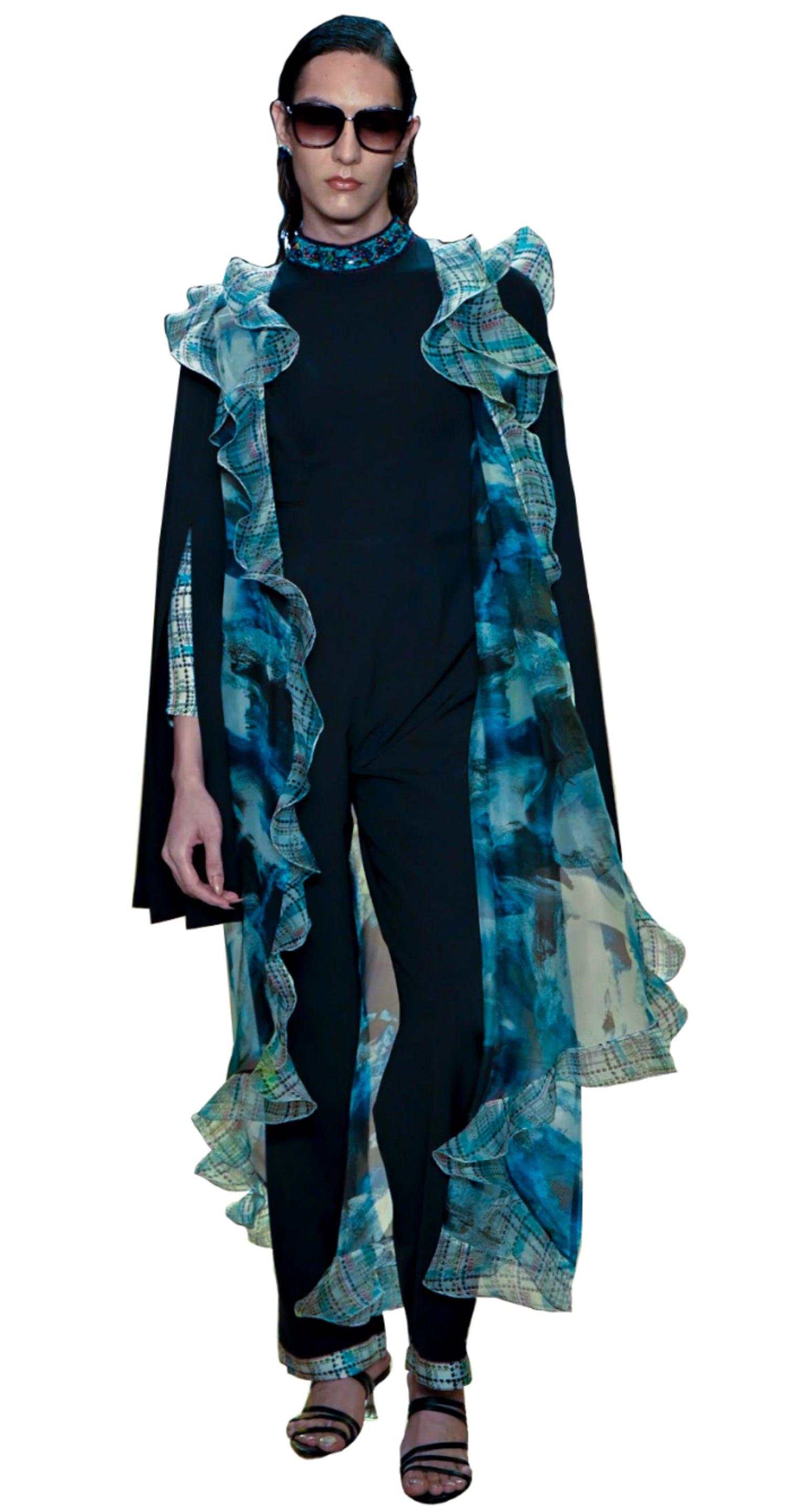 Jumpsuit in black and organza cape with inbuilt sleeves