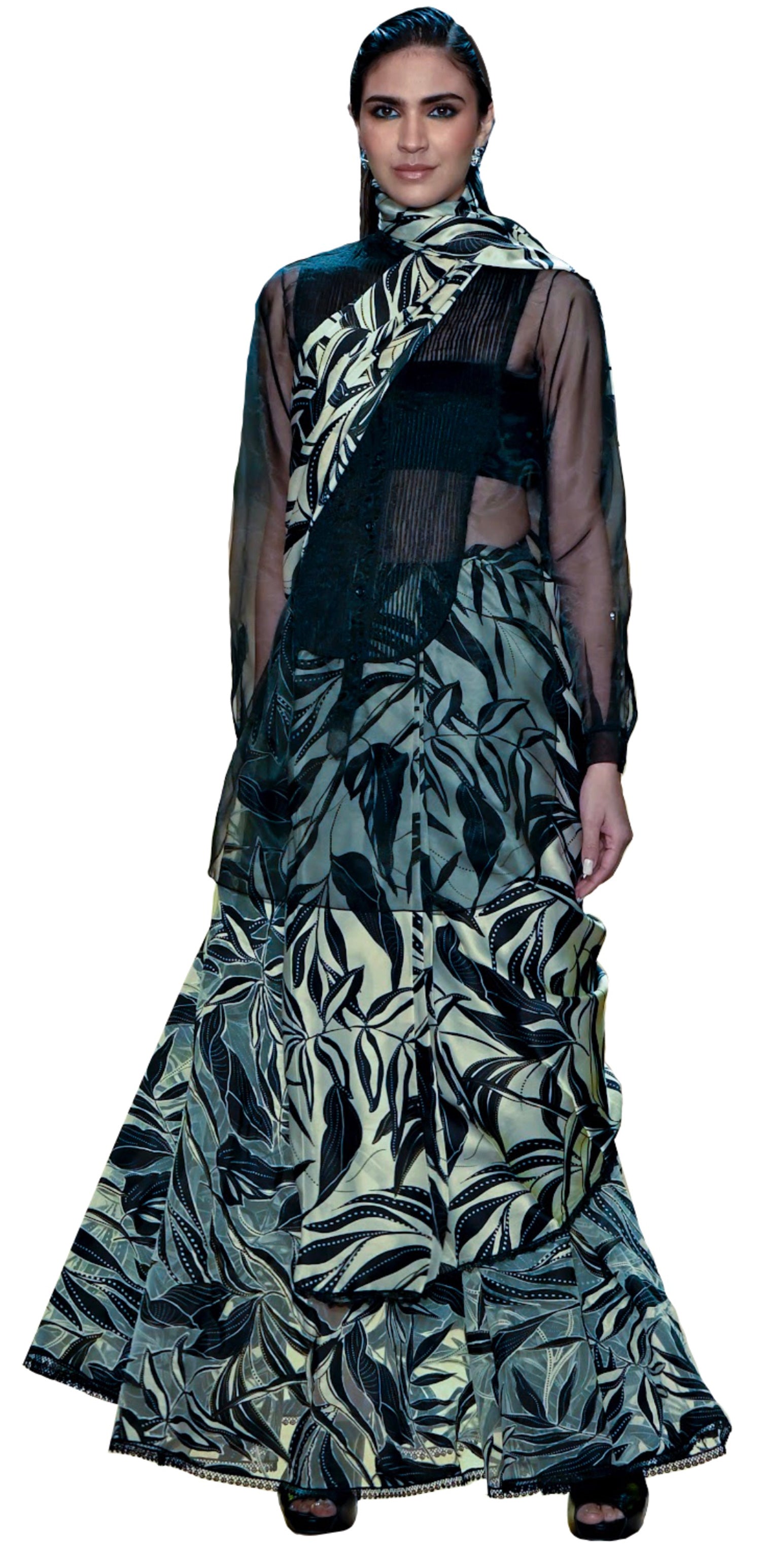 French net skirt with organza shirt and a satin scarf