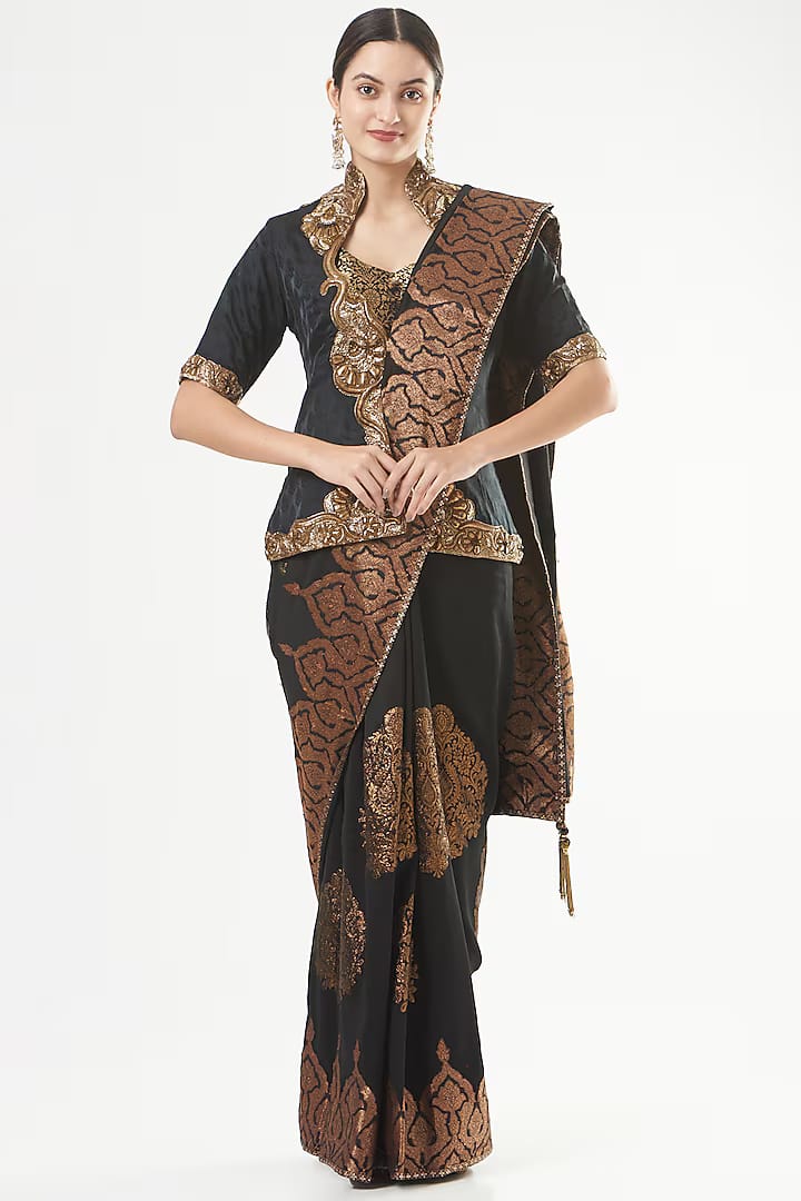 Black Applique Embroidered Saree Set
