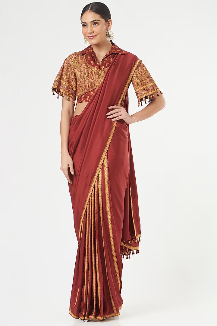 Maroon Embroidered Saree Set