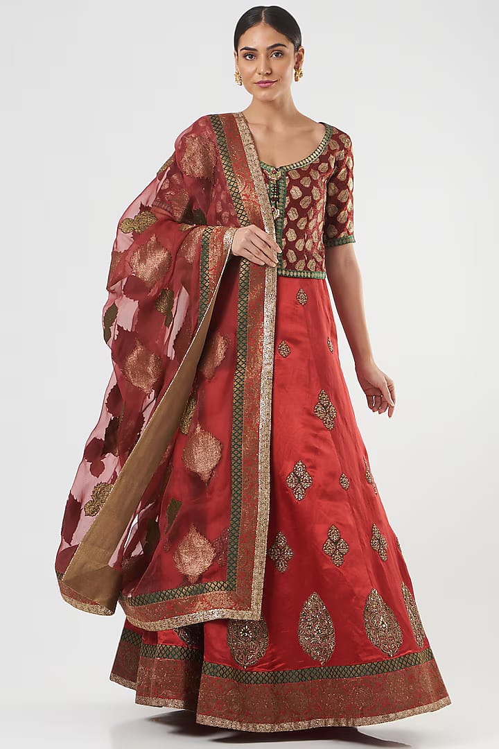 Red Raw Silk Embroidered Lehenga Set