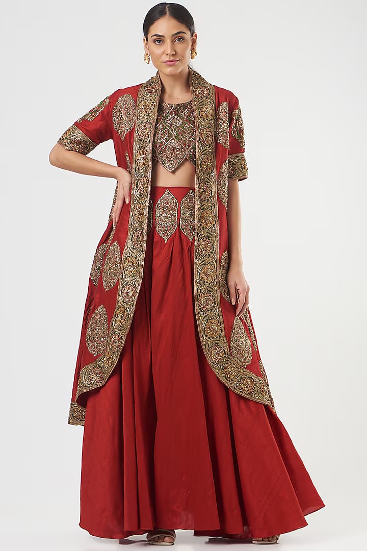 Red Embroidered Jaket Set
