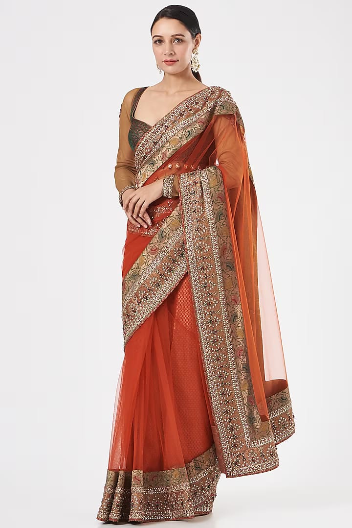 Orange Embroidered Saree Set