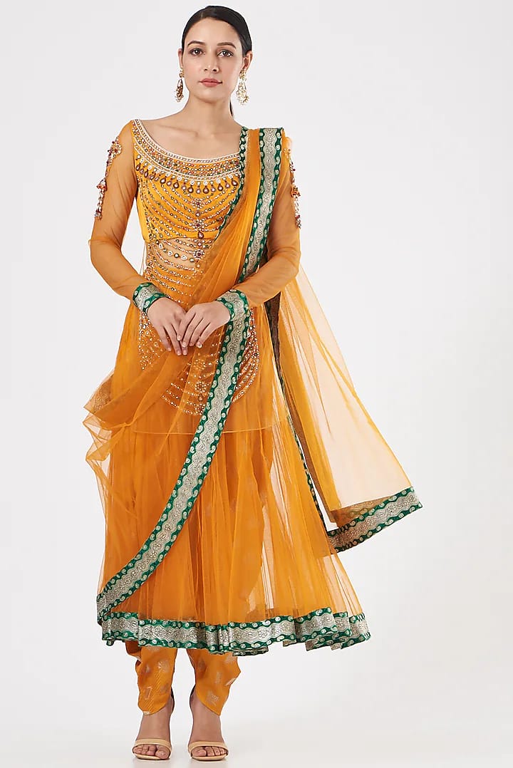 Mustard Pure Net & Banarasi Embroidered Dhoti