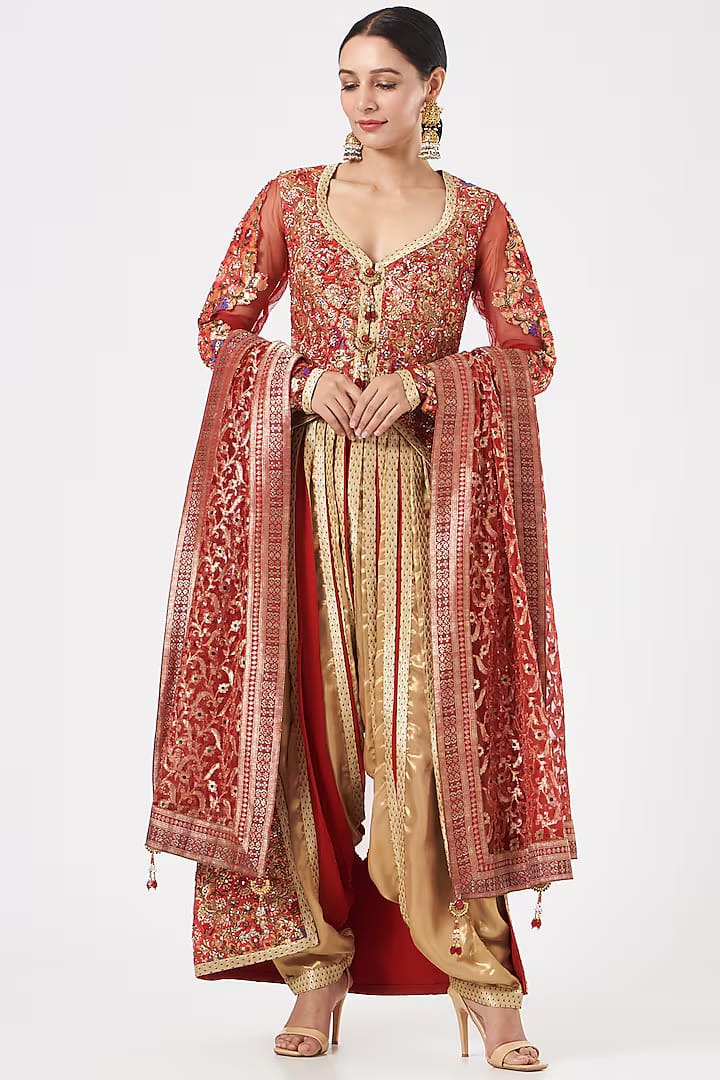 Gold and Red Embroidered Kurta Set