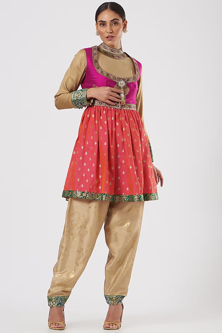 Beige and Fuschia pink silk Anarkali Set