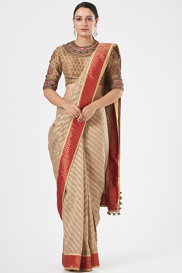 Beige Silk Embroidered Saree Set