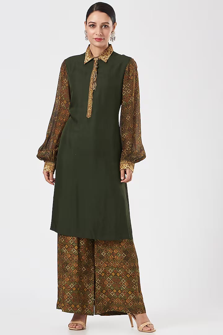 Olive Green Silk Printed Pant Set