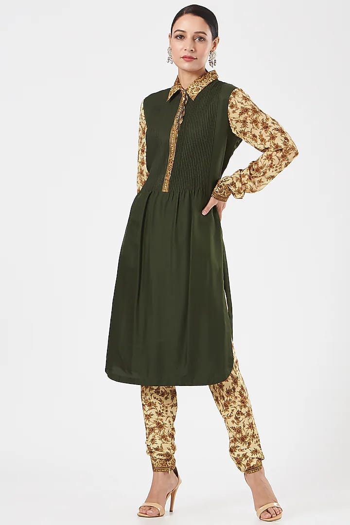 Olive Green Silk Printed Pant Set
