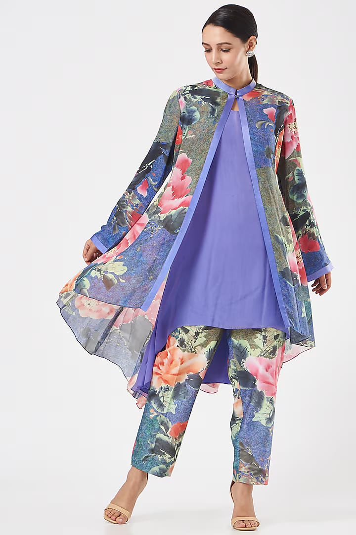 Cobalt Blue Floral Printed Cape Set