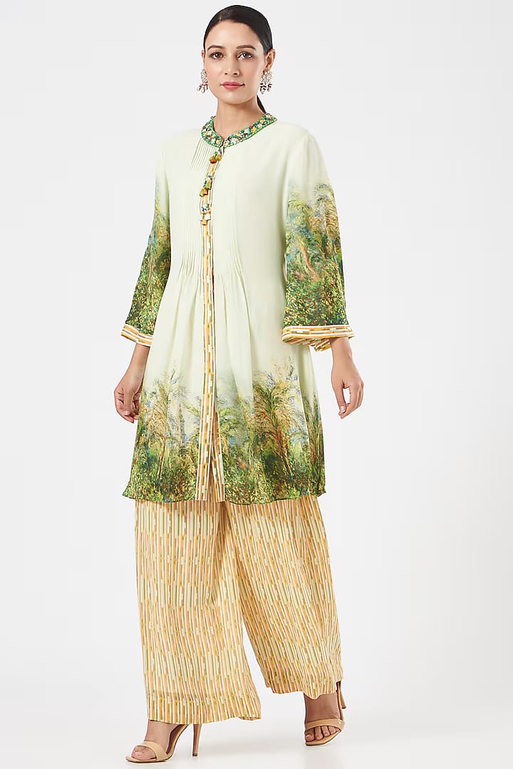 Mint Green Georgette Printed Pant Set