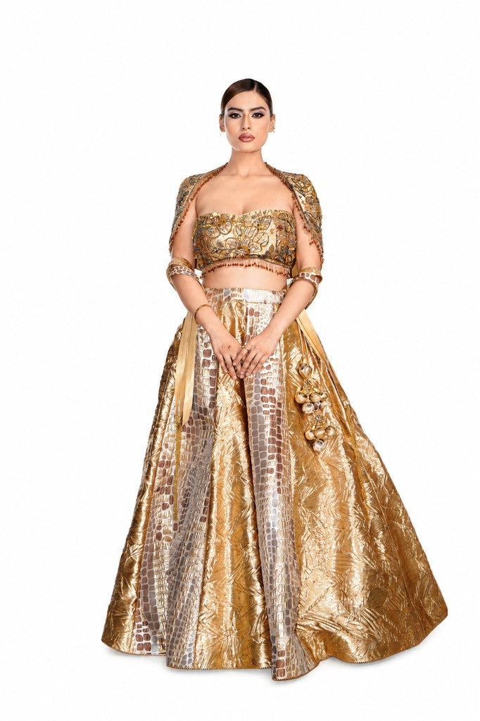 Crush Tissue and Jakard Lehenga with Off Shoulder Blouse