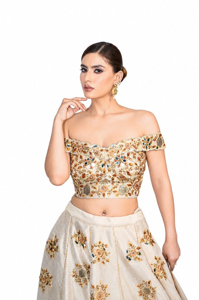 Champaign Brocade Off Shoulder Lehenga Blouse and Dupatta