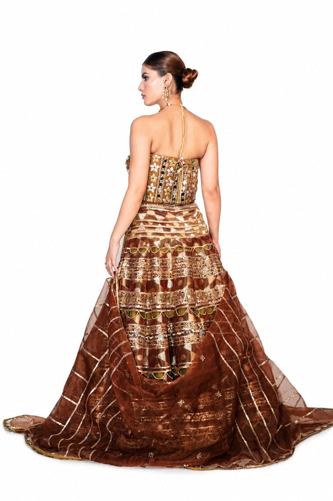 Double Layer Brocade Cutwork Lehenga Corset Dupatta