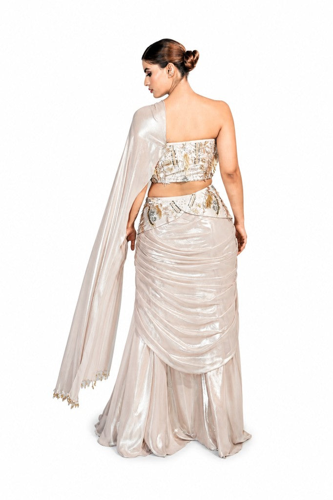 Rose Gold Metallic Shiphon Drape Saree