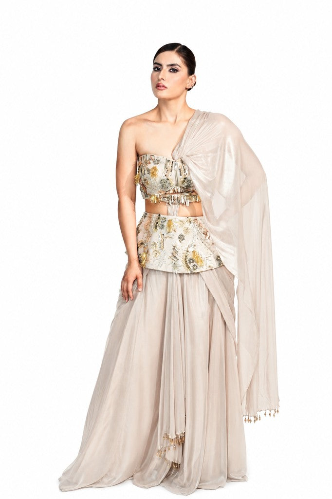 Rose Gold Metallic Shiphon Drape Saree
