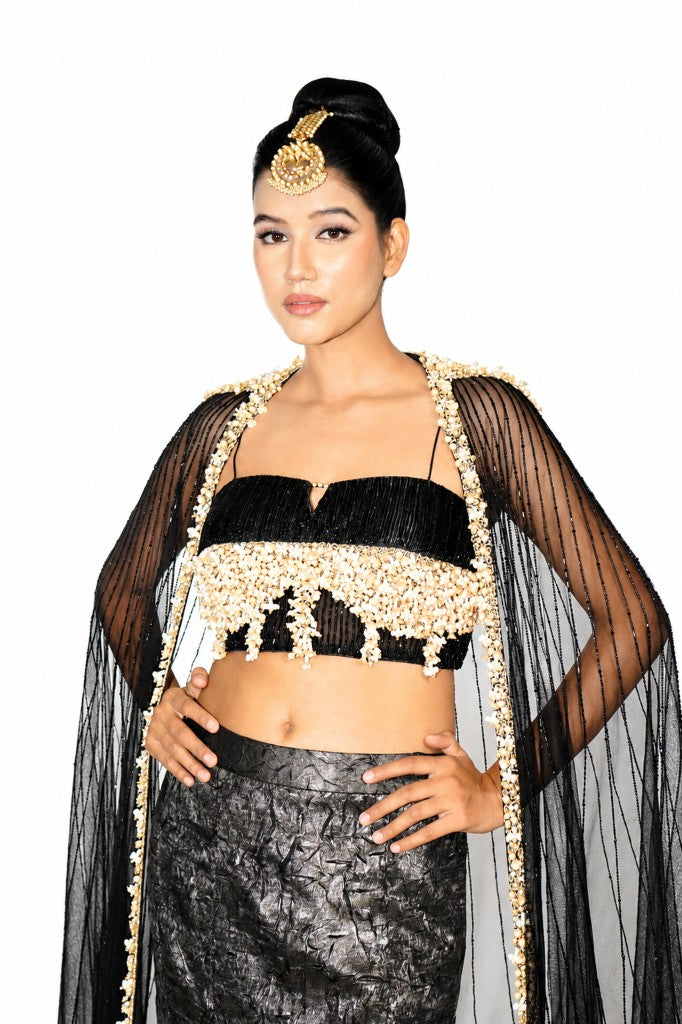 Long Cape Blouse with Jakard Skirt