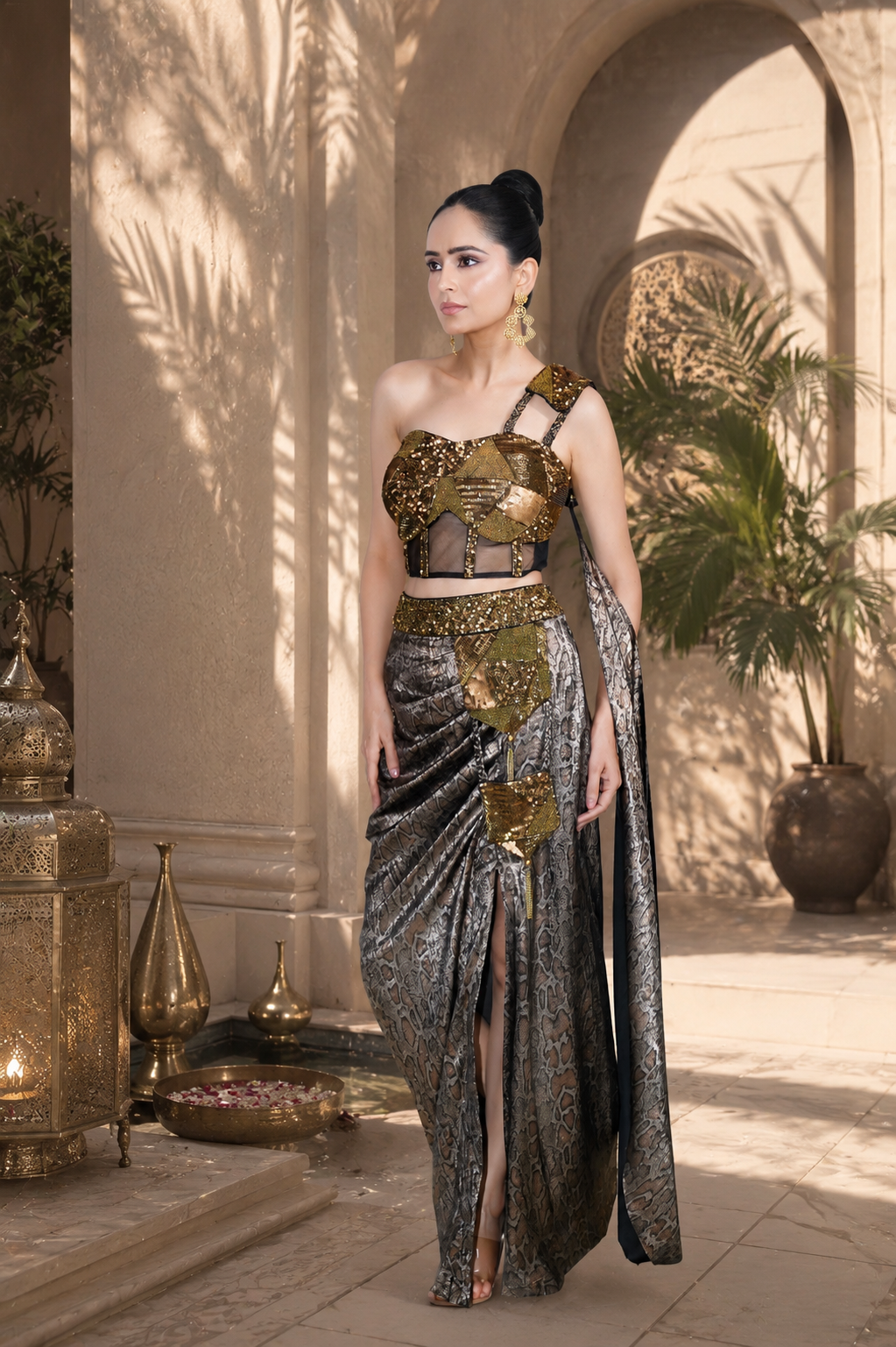 Animal Print Drape Skirt Corset Saree