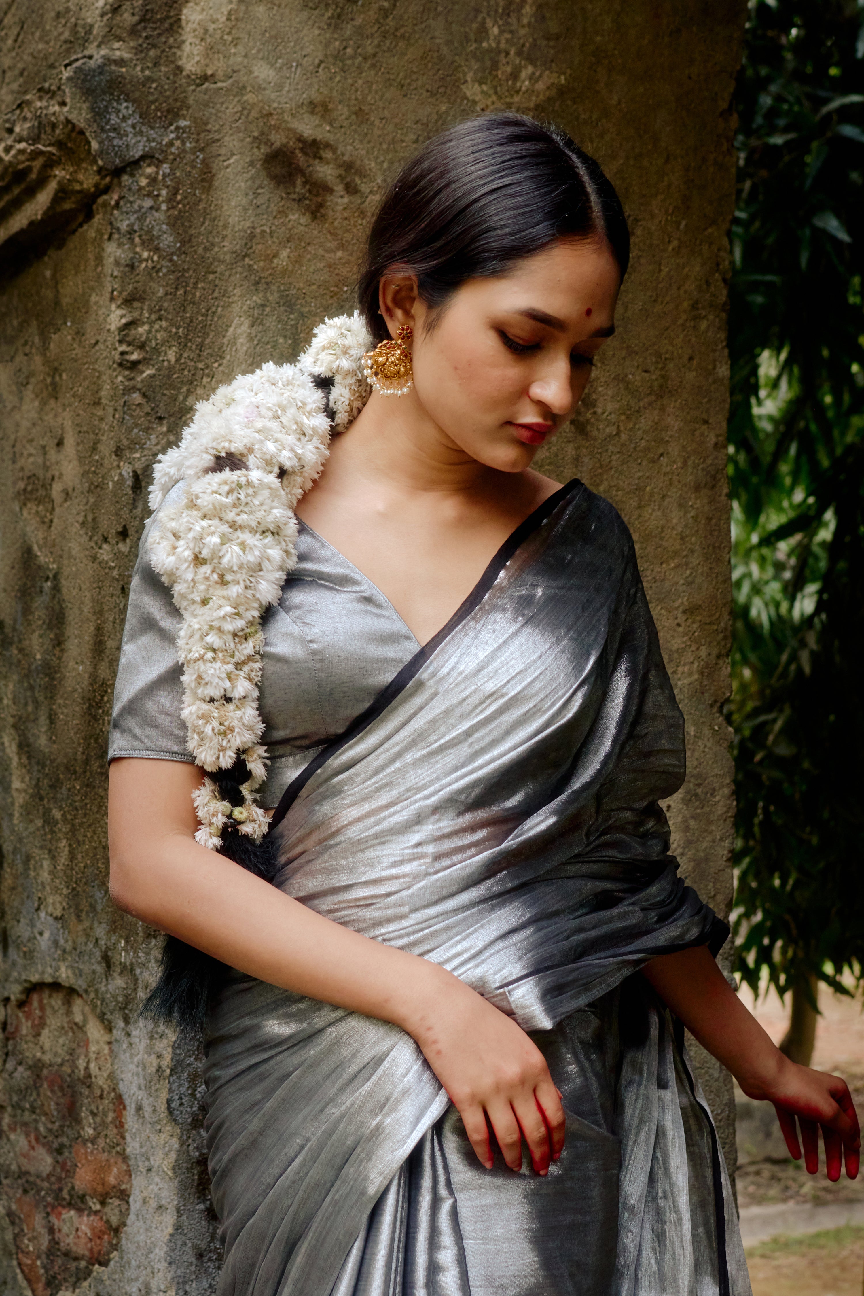 Ardhachandra I Silver tissue saree