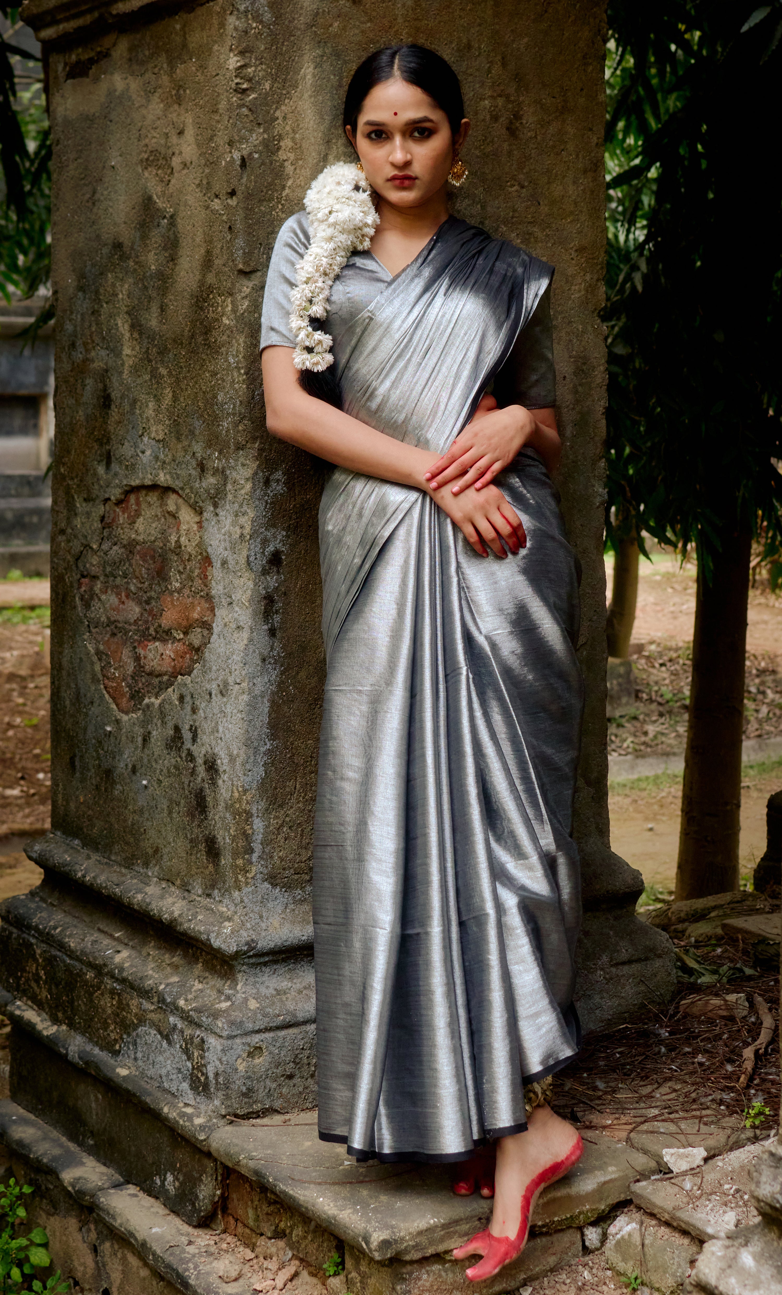 Ardhachandra I Silver tissue saree