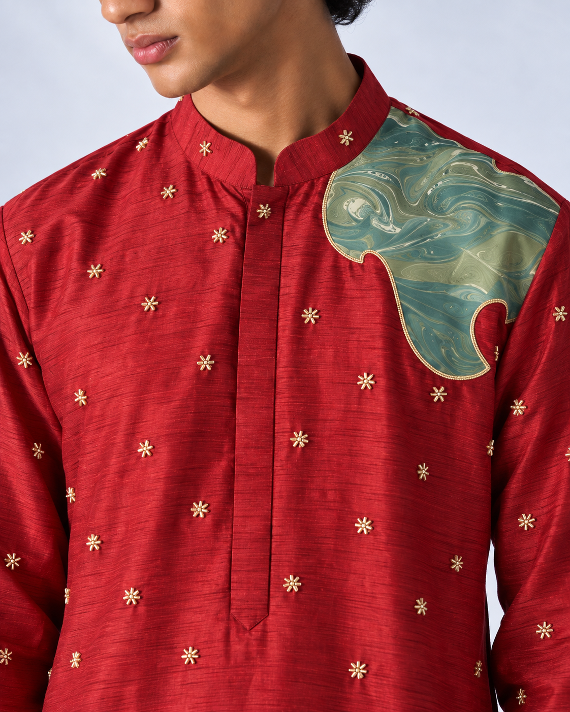 Crimson Embroidered Marble Appliqué Kurta - Pant Set